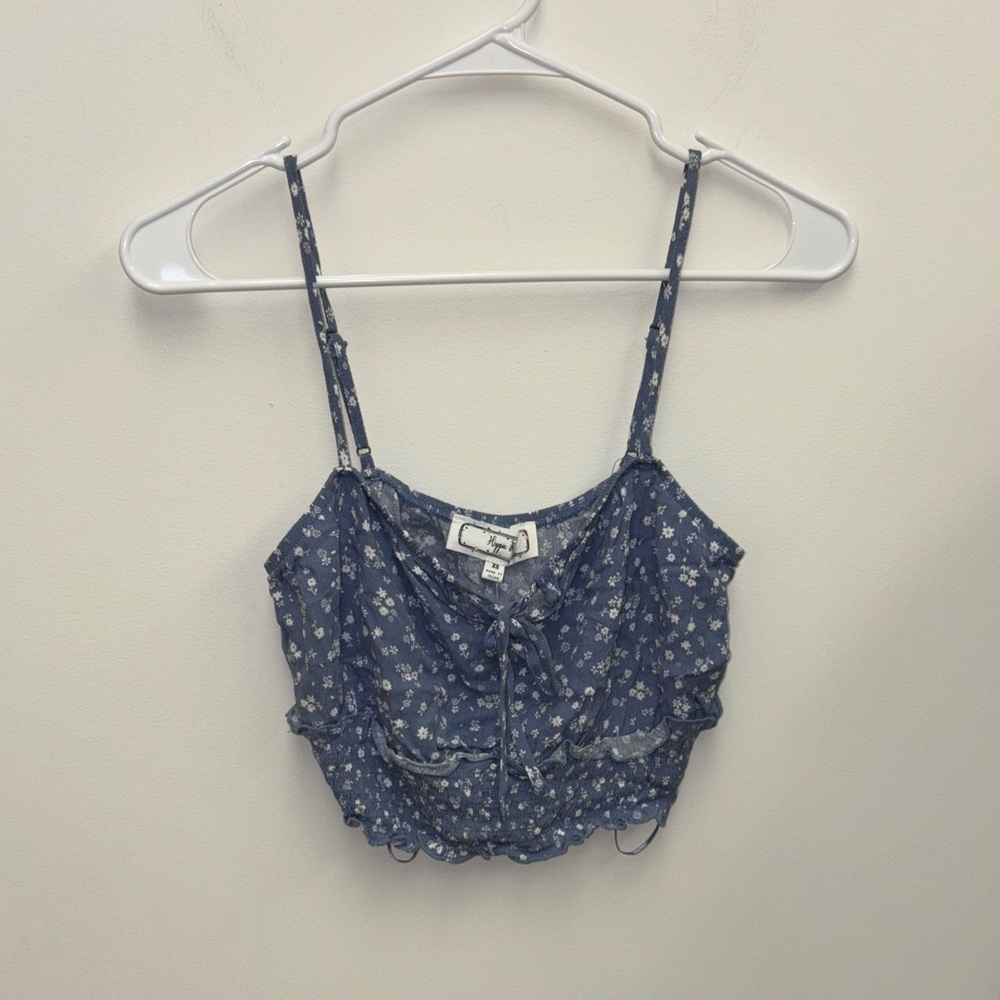 Hippie Rose Blue Floral Ruffle Tie Crop Top